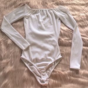 Boohoo White Ribbed Off Shoulder Bodysuit